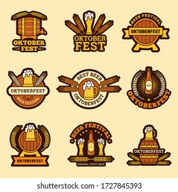 Oktoberfest badges. Alcoholic drinks craft beer inviting to celebration german traditional festive vector beer emblem