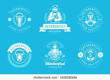 Oktoberfest badges and labels set vintage typographic design vector templates. Willkommen zum invitations beer festival celebration good for flyers and promotion banners.