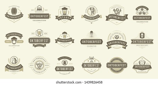 Oktoberfest badges and labels set vintage typographic design templates vector illustration. Willkommen zum invitations beer festival celebration objects and symbols.