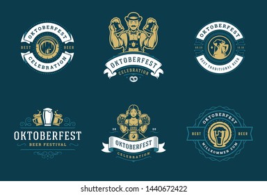 Oktoberfest badges and labels set vintage typographic design templates vector illustration. Willkommen zum invitations beer festival celebration decoration objects and symbols.