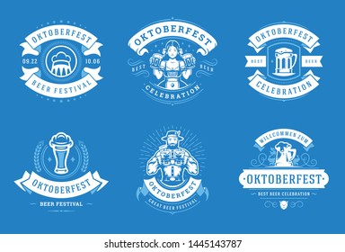 Oktoberfest badges and labels set vintage typographic design templates vector illustration. Willkommen zum invitations beer festival celebration decoration objects and symbols.