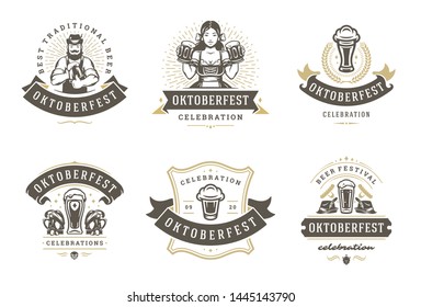 Oktoberfest badges and labels set vintage typographic design templates vector illustration. Willkommen zum invitations beer festival celebration decoration objects and symbols.