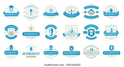 Oktoberfest badges and labels set vintage typographic design templates vector illustration. Willkommen zum invitations beer festival celebration decoration objects and symbols.