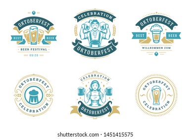 Oktoberfest badges and labels set vintage typographic design templates vector illustration. Willkommen zum invitations beer festival celebration decoration objects and symbols.