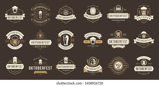 Oktoberfest badges and labels set vintage typographic design templates vector illustration. Willkommen zum invitations beer festival celebration decoration objects and symbols.