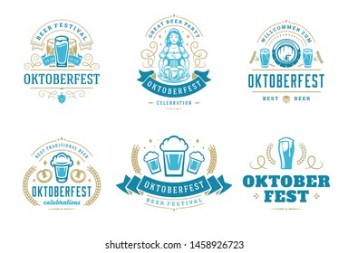 Oktoberfest badges and labels set vintage typographic design templates vector illustration. Willkommen zum invitations beer festival celebration decoration objects and symbols.