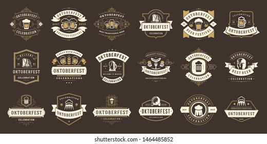 Oktoberfest badges and labels set vintage typographic design templates vector illustration. Willkommen zum invitations beer festival celebration decoration objects and symbols.