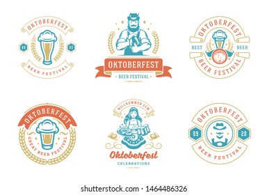 Oktoberfest badges and labels set vintage typographic design templates vector illustration. Willkommen zum invitations beer festival celebration decoration objects and symbols.