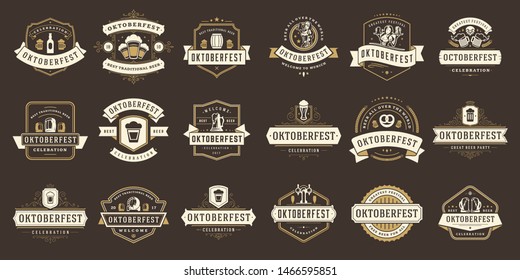 Oktoberfest badges and labels set vintage typographic design templates vector illustration. Willkommen zum invitations beer festival celebration decoration objects and symbols.