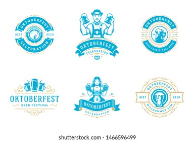 Oktoberfest badges and labels set vintage typographic design templates vector illustration. Willkommen zum invitations beer festival celebration decoration objects and symbols.