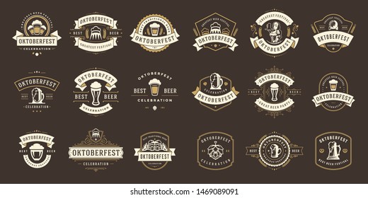 Oktoberfest badges and labels set vintage typographic design templates vector illustration. Oktoberfest invitations beer festival celebration decoration objects and symbols.