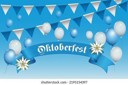 Oktoberfest banderole with edelweiss, pennant chain and
flying white and blue helium balloons,
Vector illustration isolated on white background
