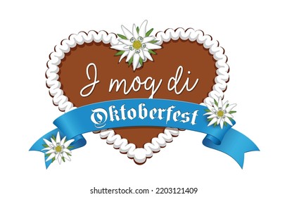 Oktoberfest banderole with gingerbread heart and edelweiss, German culture,
Vector illustration isolated on white background
