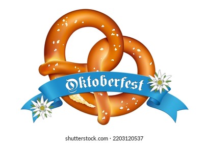 Oktoberfest-Banderole mit Bretzel und Edelweiß, deutsche Kultur, 
Vektorgrafik einzeln auf weißem Hintergrund
