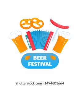 Oktoberfest banner. Accordion, glasses of beer, pretzel, sausage.