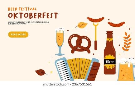 Oktoberfest Banner Background. Beer Festival Flat Hand Drawn Illustration