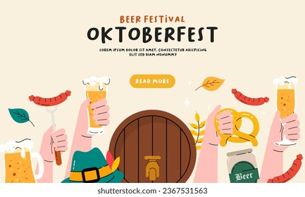 Oktoberfest Banner Background. Beer Festival Flat Hand Drawn Illustration