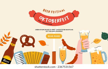 Oktoberfest Banner Background. Beer Festival Flat Hand Drawn Illustration