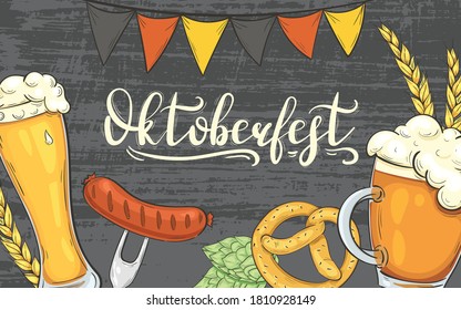 Oktoberfest Banner. Background with beer glasses and snacks