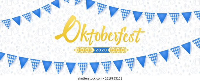 Oktoberfest banner. Background with Oktoberfest lettering logo, holiday garland buntings of Bavarian checkered blue flag and pattern with beer mugs and pretzels. Germany beer festival Oktoberfest