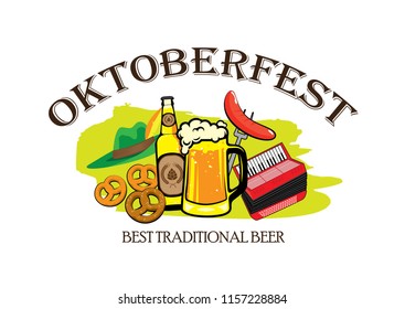 Oktoberfest banner and background template illustration with oktoberfest text. Traditional beer, bread, hat, accordion and sosis illustration. vector illustration. Traditional festival beer.