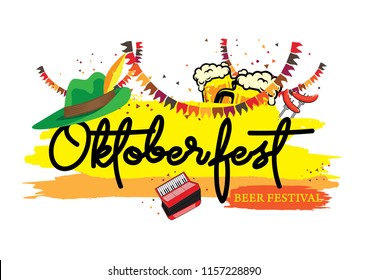 Oktoberfest banner and background template illustration with oktoberfest text. Traditional beer, bread, hat, accordion and sosis illustration. vector illustration. Traditional festival beer.