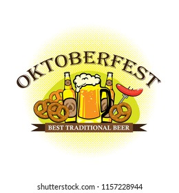 Oktoberfest banner and background template illustration with oktoberfest text. Traditional beer, bread, hat, accordion and sosis illustration. vector illustration. Traditional festival beer.