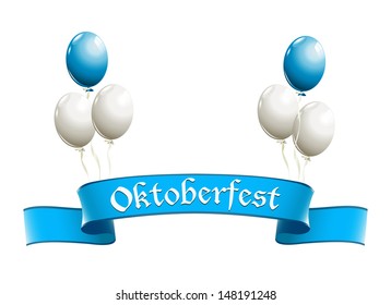 Oktoberfest banner with balloons in traditional colors of Bavaria