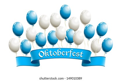 Oktoberfest banner with balloons in traditional colors of Bavaria