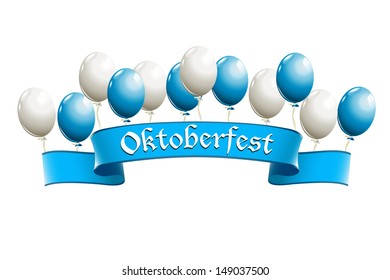 Oktoberfest banner with balloons in traditional colors of Bavaria