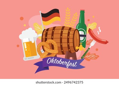 Oktoberfest banner with beer barrel sausage and pretzel. Cartoon Flat Vector Illustration