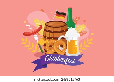 Oktoberfest banner with beer barrel sausage and pretzel. Cartoon Flat Vector Illustration