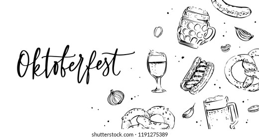 Oktoberfest banner with beer cups, pretzel, hot dog, wheat and hand lettered sign