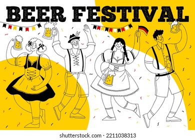 Oktoberfest banner. Beer festival. Different people in national German costumes drink beer and have fun. Vector hand drawn illustration.