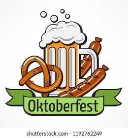 Oktoberfest banner, beer glass mug with froth, sausages, pretzels. Vector illustration.