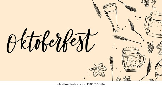 Oktoberfest banner with beer mugs, pretzel, wheat and hand lettered sign