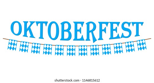 Oktoberfest banner with blue bunting and festive flags. Beer festival lettering typography with checkered flags. Oktoberfest logo, flyer, sticker design element. Vector illustration.