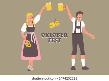 Oktoberfest Banner. Celebration with Traditional Bavarian Clothing and Beer. People holding beer, and pretzels. Man and woman wearing the lederhosen and dirndl.