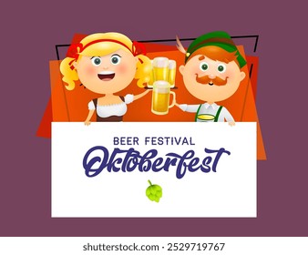 Oktoberfest banner with cheerful waitress and man in costumes. Realistic German people with beer mugs. Beer festival lettering can be used for invitations, signs, announcements