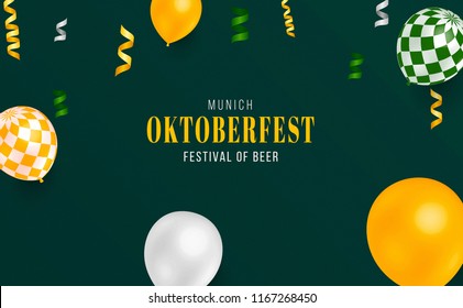 Oktoberfest banner design. 3D balloons with patterns and confetti on dark background. eps vector illustration great for web, landing page, invitation, poster, print, ad, promotion, card, cover.