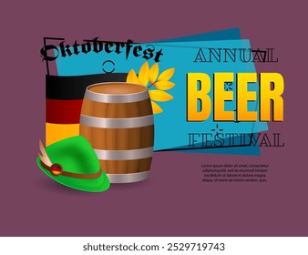 Oktoberfest banner design with beer barrel, green hat, twig and German flag on abstract background. Annual beer festival lettering can be used for invitations, signs, announcements