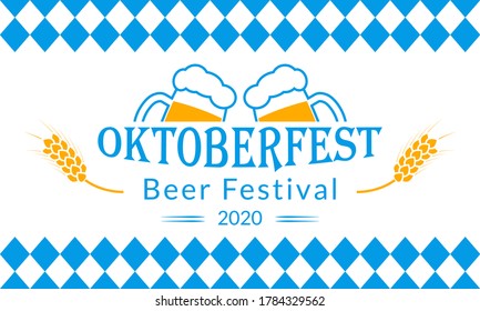 Oktoberfest banner design. Beer fest in October logo with two beer mugs. German festival poster, sign, flyer, invitation card template. Vector illustration.