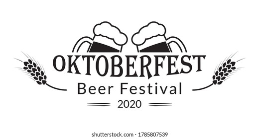 Oktoberfest banner design. Beer fest in October logo with two beer mugs. German festival poster, sign, flyer, invitation card template. Vector illustration.