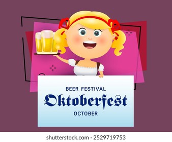 Diseño de Anuncio del Oktoberfest con la camarera alegre que lleva los vidrios de la cerveza en bandeja. Chica realista sobre fondo abstracto. Las letras del festival de la cerveza se pueden utilizar para las invitaciones, las muestras, los anuncios