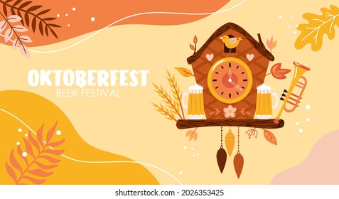 Oktoberfest Banner-Design mit süßer Kuckucksuhr und Herbstlaub. Herbsthintergrund für soziale Medien, Poster und Grußkarte