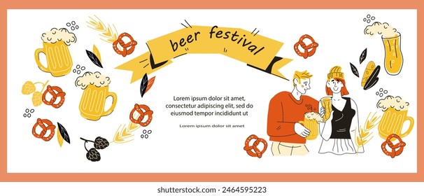 Oktoberfest banner festive template in doodle style, vector illustration on white background. Design for Oktoberfest banner or flyer, invitation leaflet.