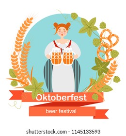 Oktoberfest banner with funny cartoon character in a wreath of barley and hops. A woman in Bavarian costume with a mugs of beer