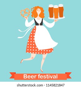 Oktoberfest banner with funny cartoon character  in Bavarian costume. A girl with glasses of beer and pretzel on a blue background. 