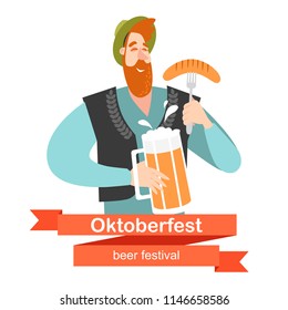 Oktoberfest banner with funny cartoon character. A guy with a mug of beer and sausage on a white background. 