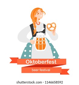 Oktoberfest banner with funny cartoon character. A girl with a mug of beer and pretzel on a white background. 